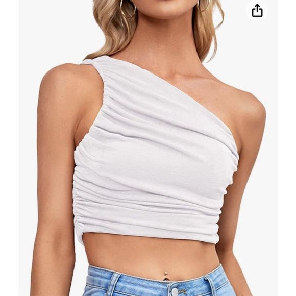 Zara Tops - White Ruched One Shoulder Sleeveless Crop Top Strappy Cami Tank Size Medium